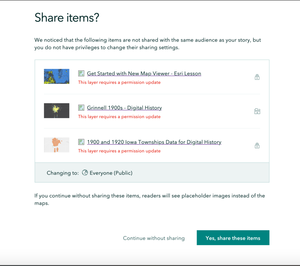 Screenshot of the StoryMaps "share items?" prompt for maps not yet shared.